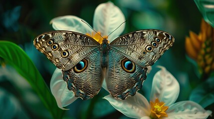 Fototapeta premium A butterfly perched atop a white blossom, adjacent to a green and white bloom featuring yellow anthers
