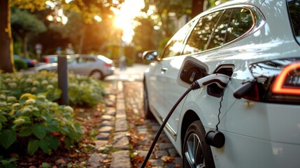 A modern electric car connected to a charging station on a picturesque cobblestone street, bathed in sunlight, representing eco-friendly transportation and technological advancement.
