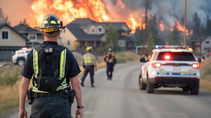 Emergency responders in full gear managing a wildfire threatening a residential neighborhood, showing determination, coordination, and critical response to save lives and properties.