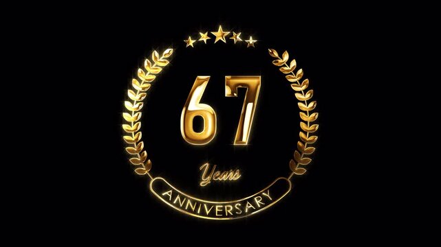 67th Anniversary Celebration. Happy 67 Years Anniversary Animation in Gold Color on the Transparent Background, Alpha Channel. Great for greetings, celebrations, events, and gifts.
