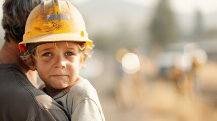 A construction worker holding a child wearing a protective hard hat, emphasizing the themes of safety, fatherhood, and the hope for a future built on strong foundations.
