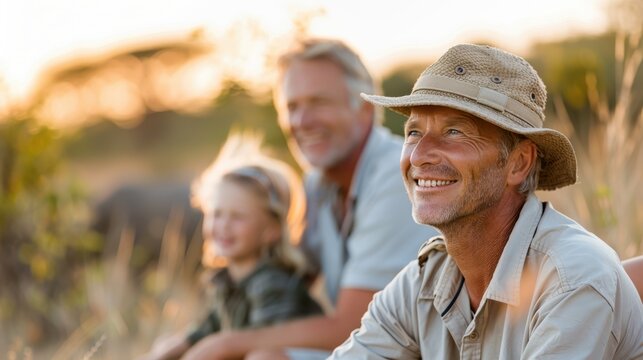 A family of three sitting in tall grass, attentively observing wildlife during their nature excursion, representing familial bond and the shared experience of discovery.