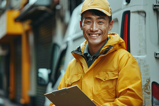 A delivery person on the street during their delivery route. Concept of e-commerce and home delivery, logistics services, and employment.