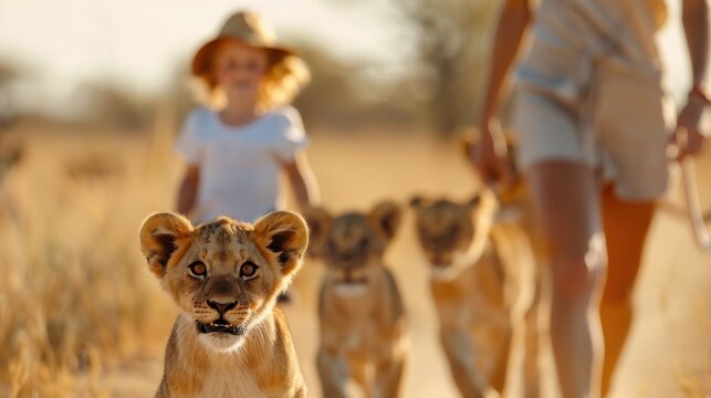 A lion cub is followed by humans with another cub in the background during an African safari, showcasing an adventurous and wild experience in nature.