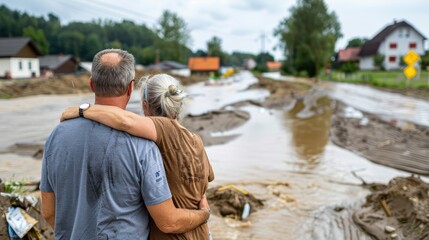 A couple embraces as they overlook the devastation caused by a recent flood, showing damaged homes and muddy streets, depicting resilience and shared sorrow in the aftermath of the disaster.