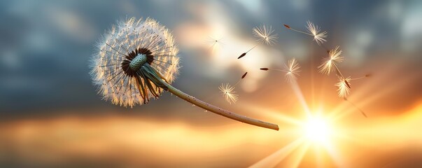 Naklejka premium Dandelion seeds blowing in the wind at sunset, symbolizing freedom, new beginnings, and hope.
