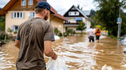 A person carries supplies through a waterlogged street in a flooded neighborhood, depicting the immediate response and relief efforts amidst the devastation, featuring submerged homes and cars.