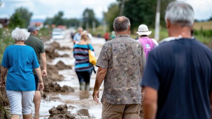 A group of people make their way through mud-filled streets, participating in the cleanup operation after a flood, showcasing community effort and resilience against adversity.