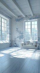 Sunlit room with large windows, white sofa, and distressed wall in a serene, cozy ambiance. Perfect for relaxation and inspiration.