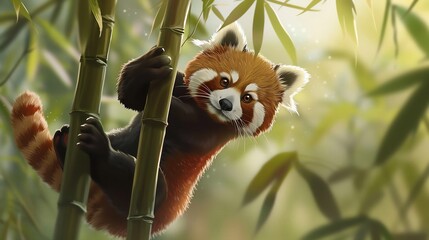 Fototapeta premium Cute Red Panda Climbing Bamboo Stalk in Forest