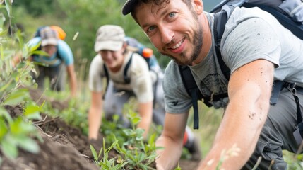 Fototapeta premium Group of hikers on a sloped trail adorned with vegetation, demonstrating teamwork and endurance during an outdoor excursion, all equipped with backpacks and necessary hiking gear.