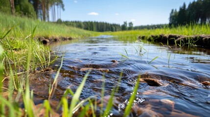 A serene stream flows through a lush green field bordered by a forest, providing a picturesque representation of nature's tranquility and ecosystem balance.