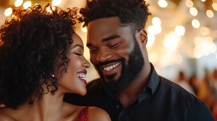 A couple shares a moment at an event, illuminated by warm festive lights in the background creating a romantic and joyous atmosphere.