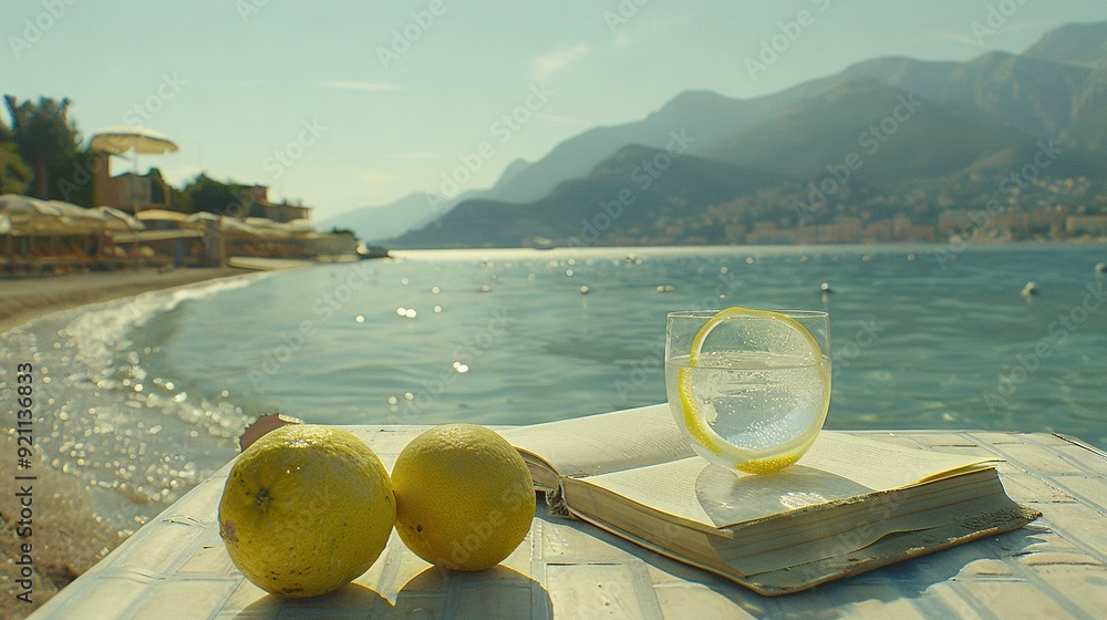 Poster two lemons sit on a table by the water with mountainous scenery in the background