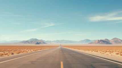 Fototapeta premium A long, straight road stretches through a vast desert landscape under a clear blue sky.