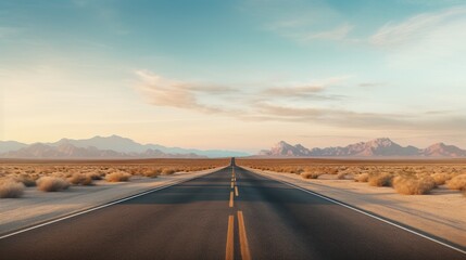 Fototapeta premium A long, straight road stretches through a desert landscape with mountains in the background.