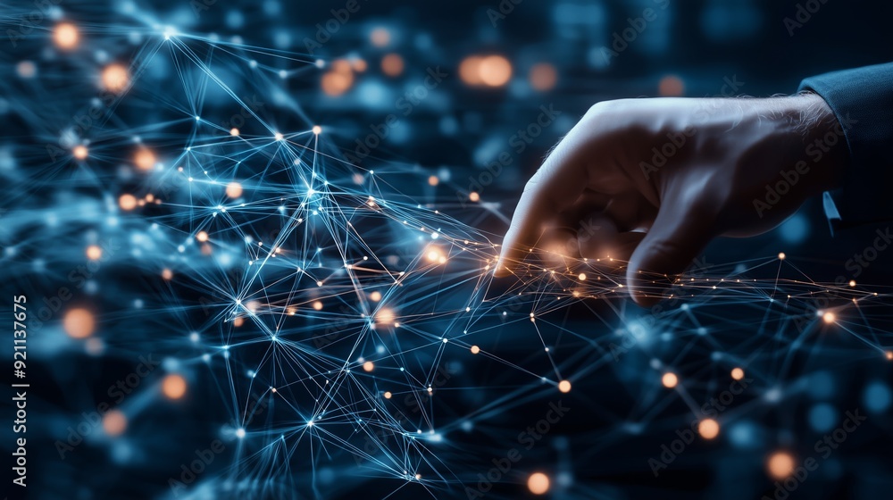 Poster a hand interacts with a web of digital connections against a blurred tech-inspired background during