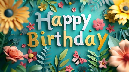 A delightful paper art banner displaying "Happy Birthday" letters with paper butterflies, bumblebees, and roses, surrounded by colorful garden flowers and green foliage, set against a sunny backdrop,
