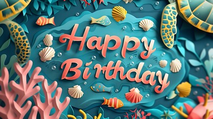 A delightful paper art banner featuring "Happy Birthday" letters encircled by paper turtles, shells, and coral, with a background of a colorful coral reef and schools of fish, hd quality,