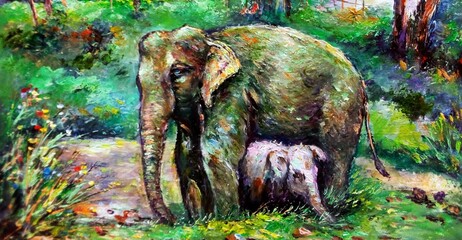 Art painting Oil color Elephant family thailand	