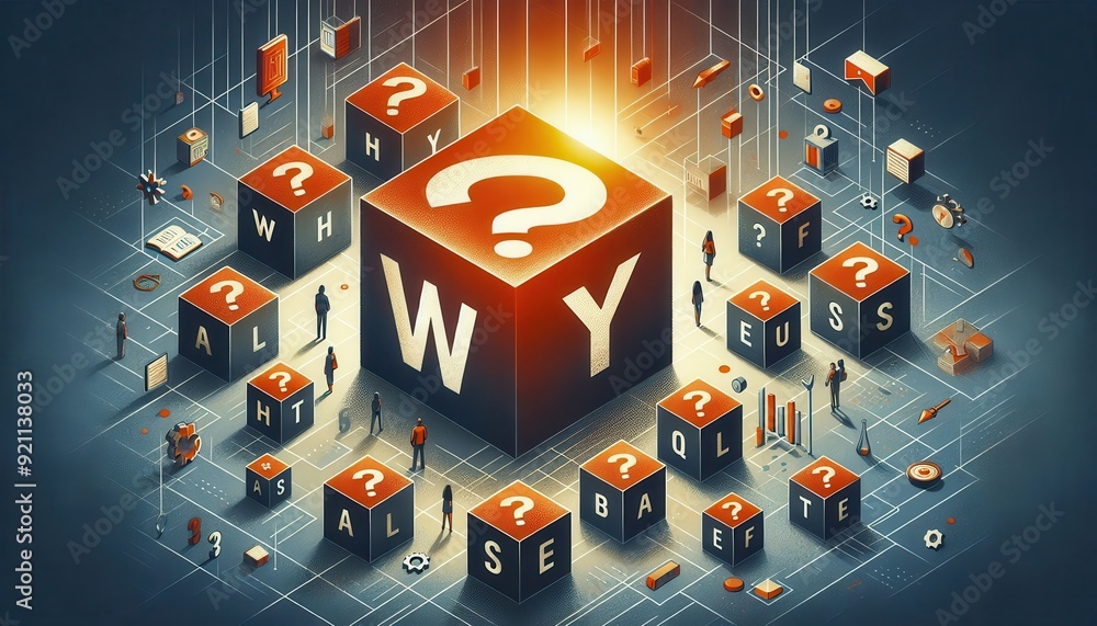Poster large glowing question mark inside a cube labeled 