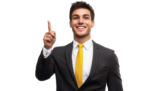 Young businessman in a suit raises his index finger. Expresses the meaning of increasing efficiency or effectiveness in business operations as number one. with a confident smile