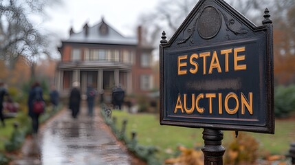 Obraz premium Sign that reads “ESTATE AUCTION” - older home - crowd - estate sale - antiques - yard sale 