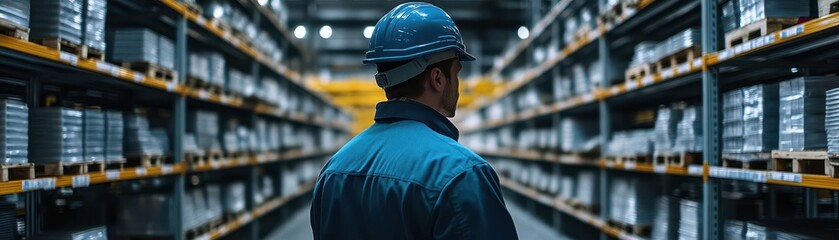 Worker in a factory looking at empty inventory shelves, Photorealistic, Cool colors, High contrast, Industrial