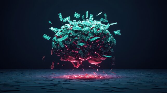 A creative visual representation of a brain amidst flying currency, symbolizing the intersection of mindset and wealth.