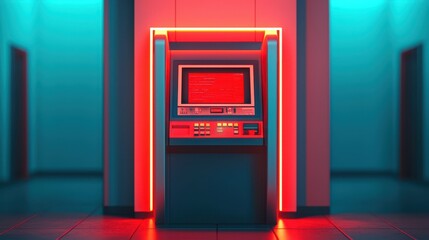 A modern ATM machine illuminated by vibrant red and blue lights, set in a sleek, futuristic environment.