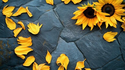 Bright Sunflower Petals Contrasting on Slate Floor Background