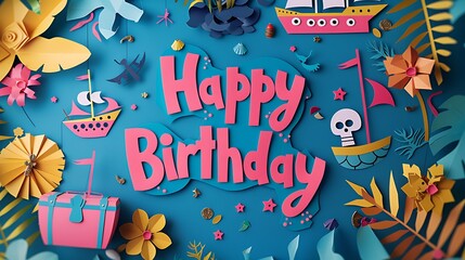 A fun paper art banner with "Happy Birthday" letters encircled by paper pirate ships, treasure chests, and pirate hats, set against a bright and cheerful pirate-themed background, hd quality,