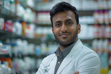 Fototapeta premium Portrait of Indian man Pharmacist in drugstore with shelves of medicines in the background