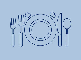 continuous single line drawing of dinner concept, plate with fork, knife and spoon, line art vector illustration
