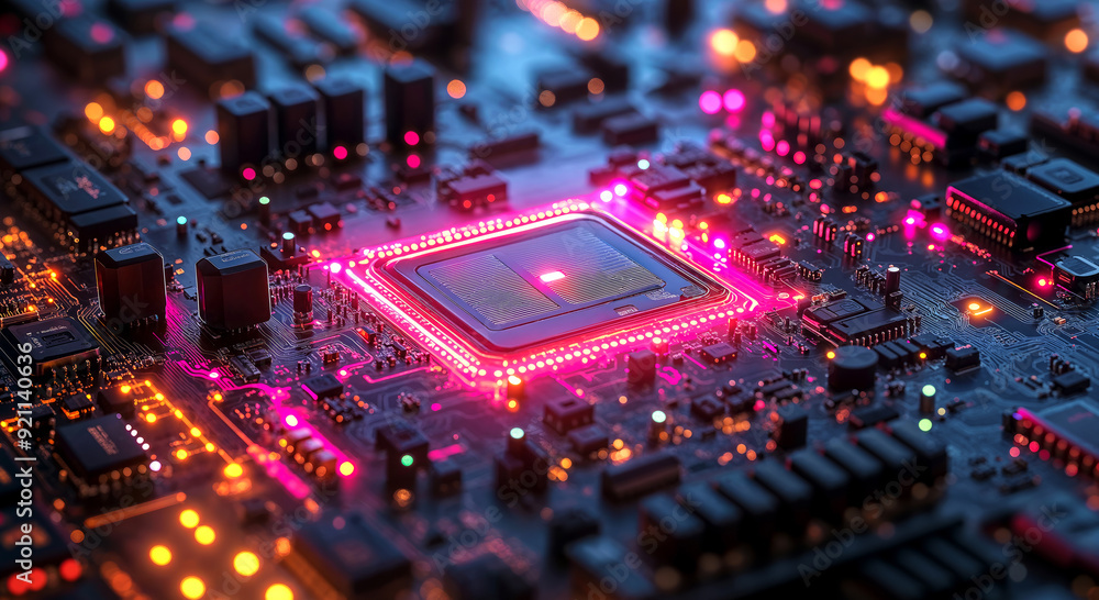 Poster close-up of a glowing microchip on a circuit board with digital details, illuminated with pink and o