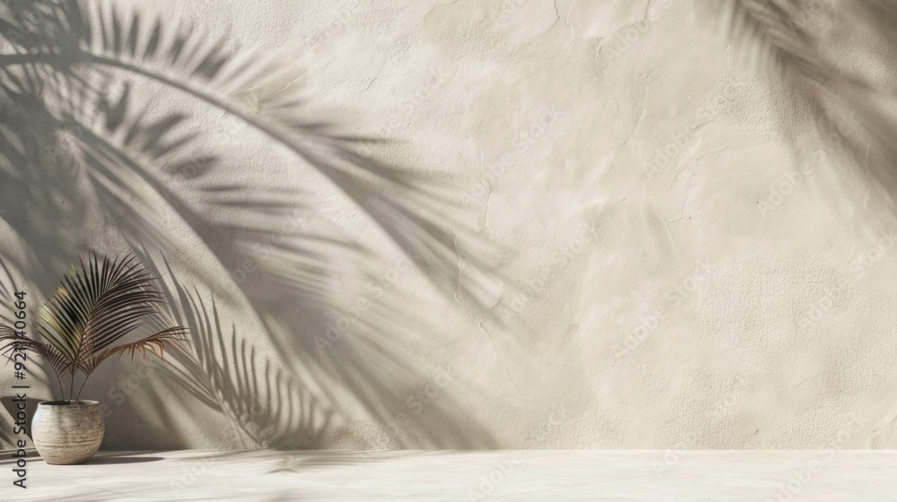 Poster a large shadow of a palm tree is cast on a wall