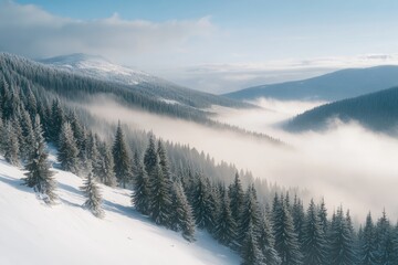 Fototapeta premium Misty Winter Landscape with Pine Trees in Serene Mountain Setting at Dawn, Snowy Scene with Tall Trees Partially Obscured, Gentle Fog