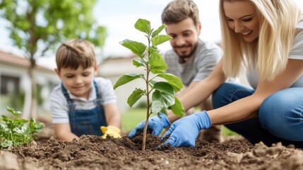A family of three engaged in gardening, working together to plant a tree, representing growth, teamwork, and the joy of creating memories and nurturing life.