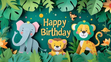 A jungle safari-themed paper art banner featuring "Happy Birthday" letters surrounded by paper lions, elephants, and monkeys, with lush tropical leaves and vines,