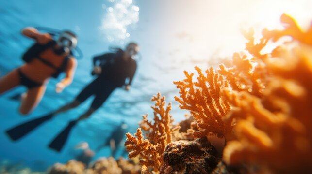 A group of scuba divers are exploring the vibrant coral reefs in the crystal clear blue waters, showcasing a beautiful blend of aquatic life and underwater adventure.