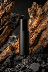 Sleek Black Cosmetic Bottle on Charcoal and Wood Background