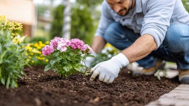 A man is diligently planting pink flowers in well-maintained garden soil with gloves, highlighting the dedication and attention to detail required in successful gardening.