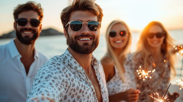 A group of friends is posing with sparklers during a beautiful sunset at the beach, capturing a joyous moment together. They are smiling and enjoying the serene evening.