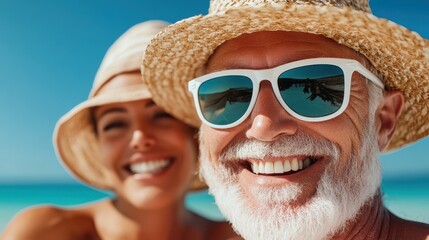 An elderly couple, both wearing sunglasses and straw hats, smile brightly at the beach, embracing the sun, enjoying their carefree moments, and celebrating life.