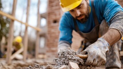 A dedicated construction worker wearing a hard hat and gloves carefully lays bricks at a construction site, contributing to the building process and creating strong foundations.