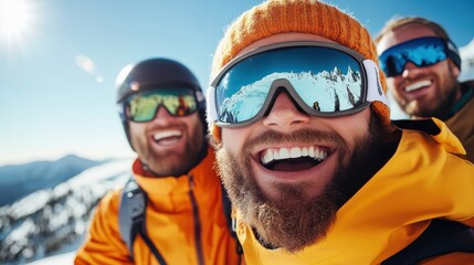 A lively group of friends enjoys a snowy mountain trip dressed in bright, colorful winter clothing, showcasing their camaraderie and the joyous spirit of the outing.