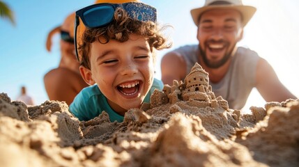 A family enjoys their sunny beach vacation by building a sandcastle together, radiating happiness, laughter, and creating lasting memories filled with joy and warmth.