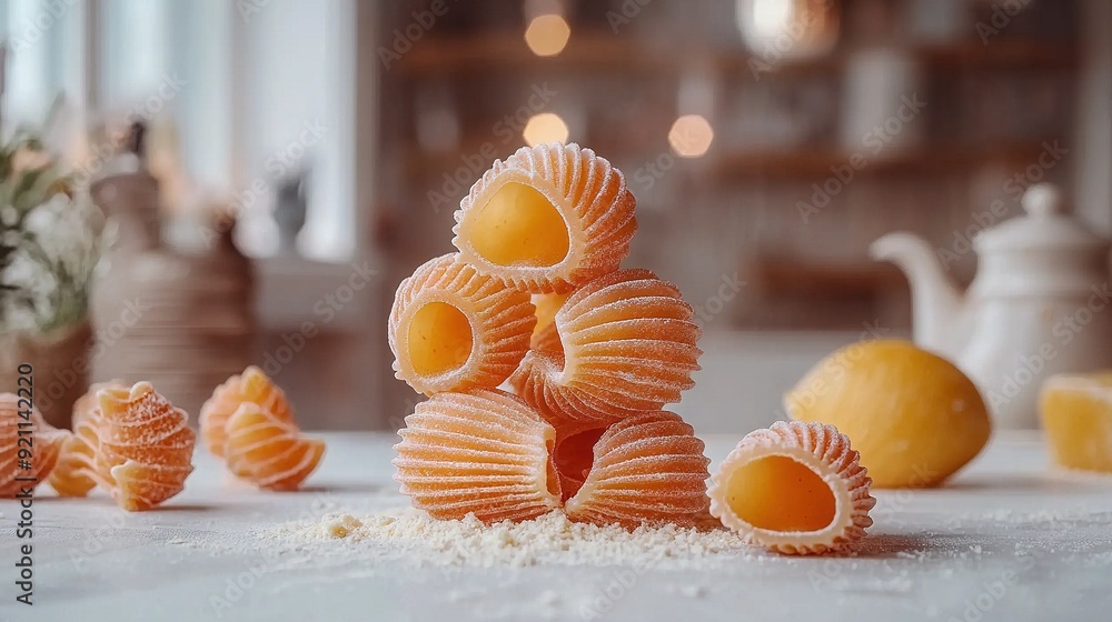 Poster an array of vibrant orange macaroni shells accumulated on a tabletop alongside lemons and a teapot