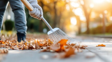 A person, dressed in gloves, methodically rakes fallen autumn leaves from a pathway, highlighting the maintenance required during the fall season to keep outdoor spaces tidy and clean.