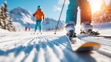 Two skiers in colorful outfits are viewed from behind as they ski on a snow-covered track, surrounded by snow-laden trees and majestic mountains under the bright winter sky.